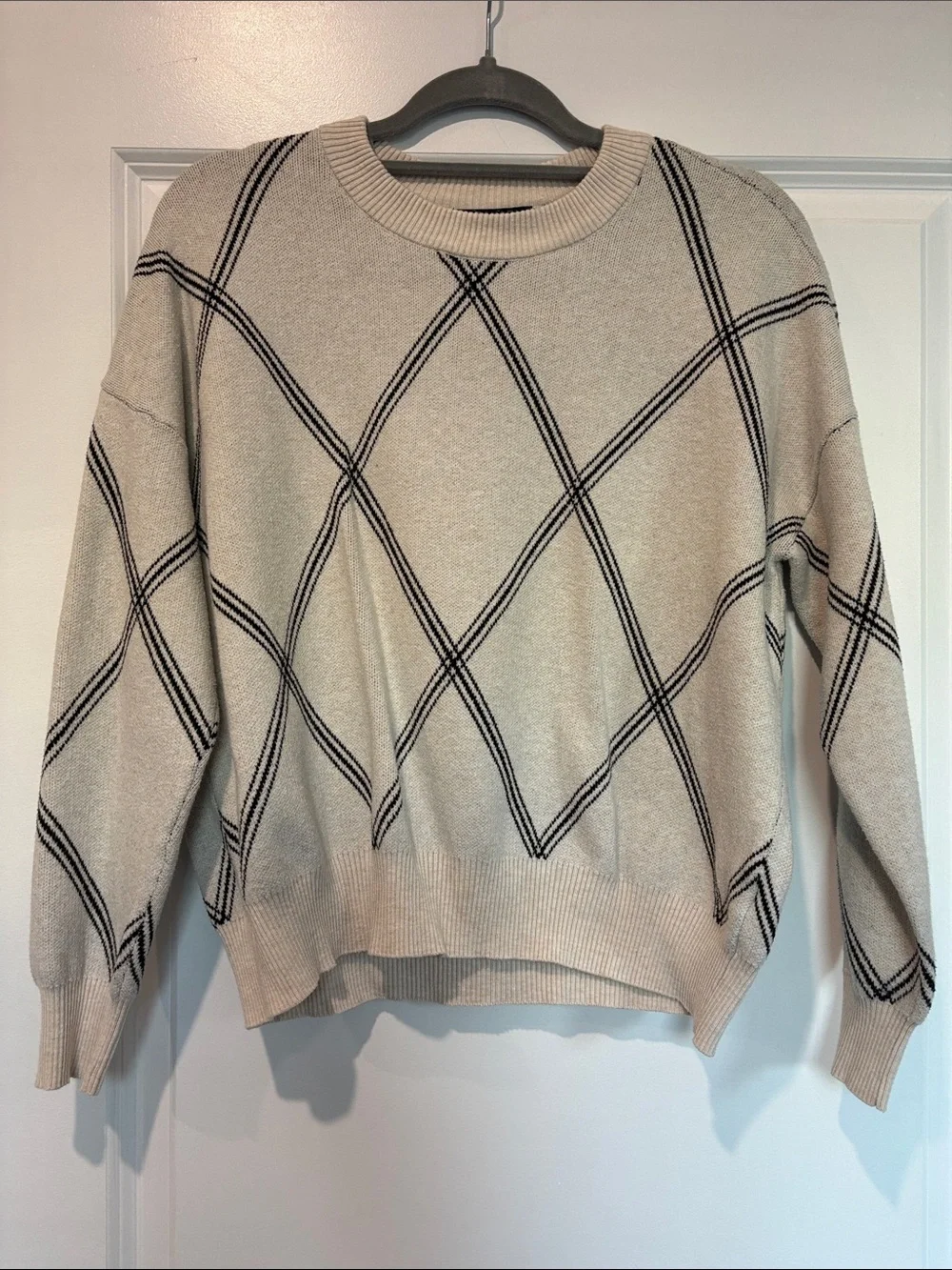 Tahari Cream Crewneck Sweater with Black Diamond Stripe